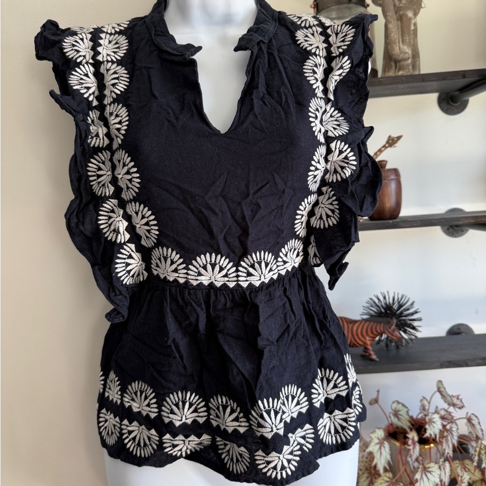 Marie Oliver White and Blue Blouse with Mandarin Collar and Ruffled Sleeves